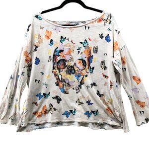 Printed Artworks Linen Cotton Long Sleeve T Shirt Womens M Boat Neck Skull